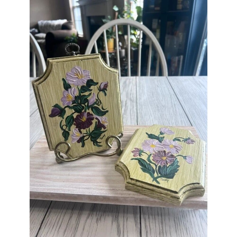 Vintage Hand Painted Wooden Wall Plaque Decor Purple Flowers